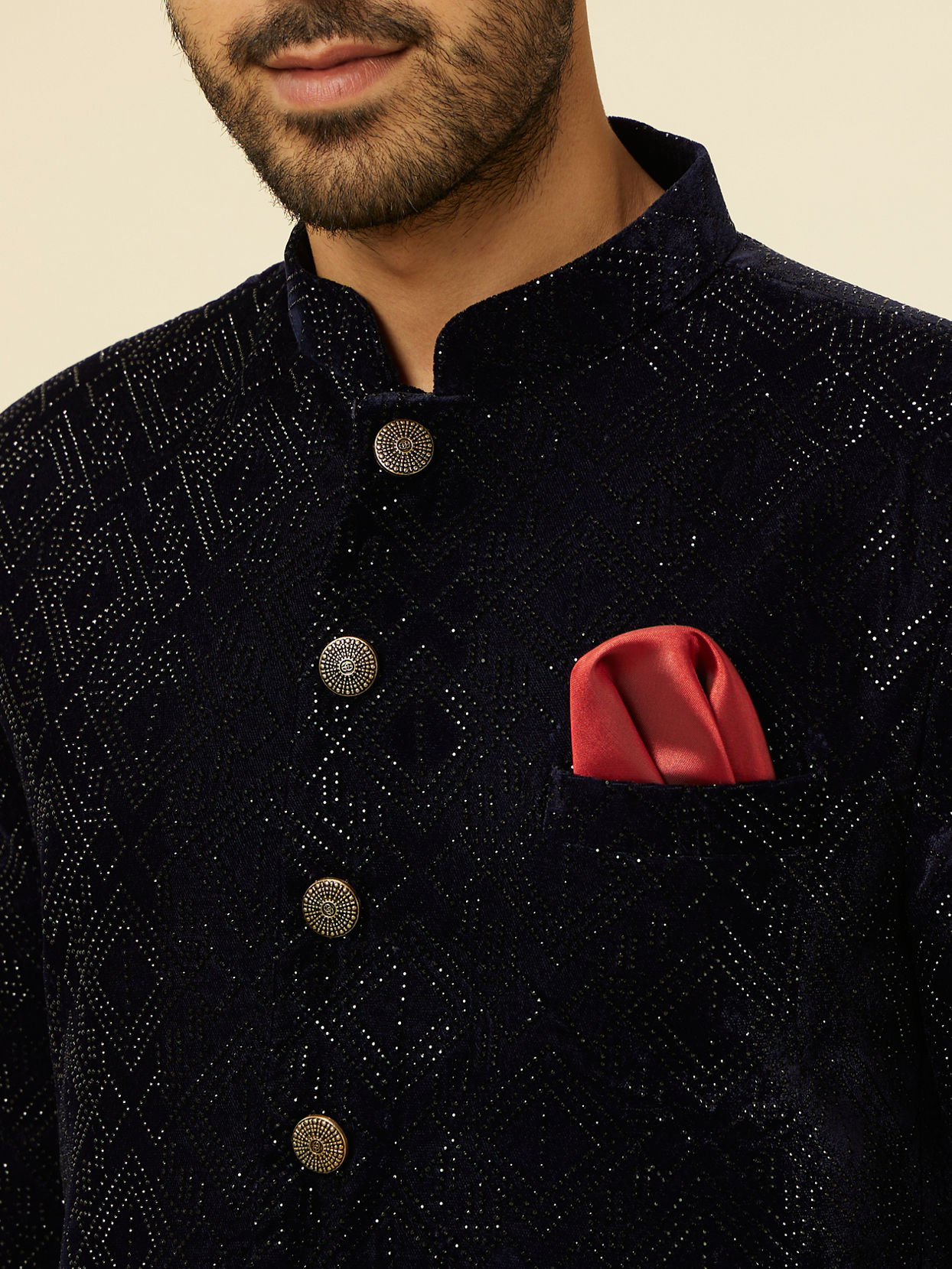 alt message - Manyavar Men Dark Blue Rhinestone Embellished Suit image number 1